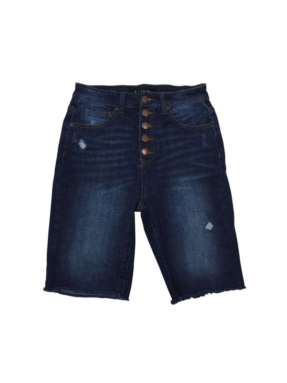 Risen High-Waisted Distressed Denim Bermuda Shorts Size S Dark Wash 9" Inseam
